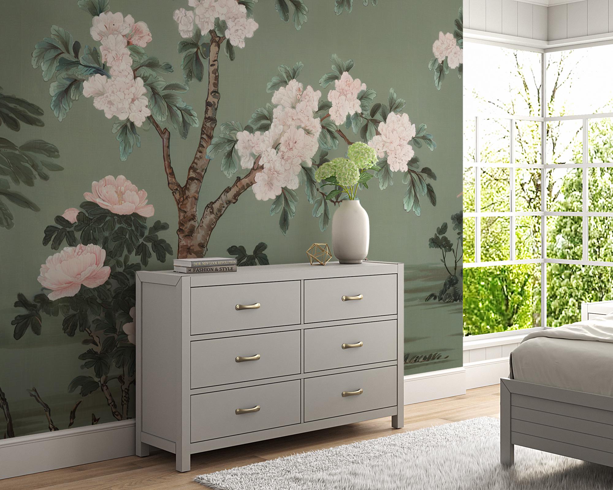 Chinoiserie Heron Wallpaper: Green Mural with Blossoms (Peel and Stick) - View 5