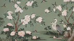 Chinoiserie Heron Wallpaper: Green Mural with Blossoms (Peel and Stick) - View 6