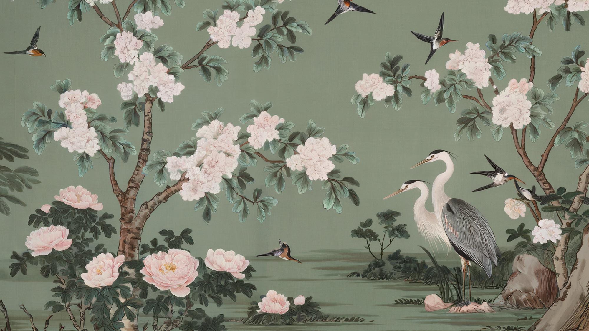 Chinoiserie Heron Wallpaper: Green Mural with Blossoms (Peel and Stick) - View 6