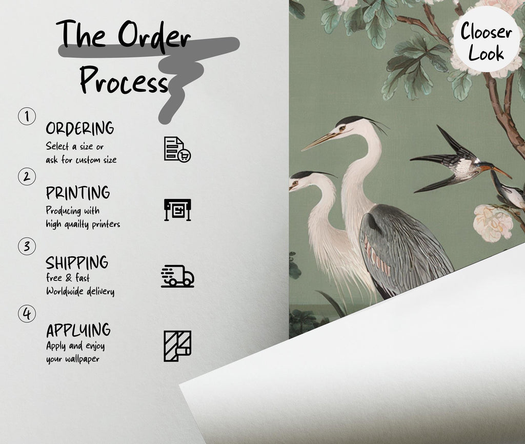Chinoiserie Heron Wallpaper: Green Mural with Blossoms (Peel and Stick) - View 7