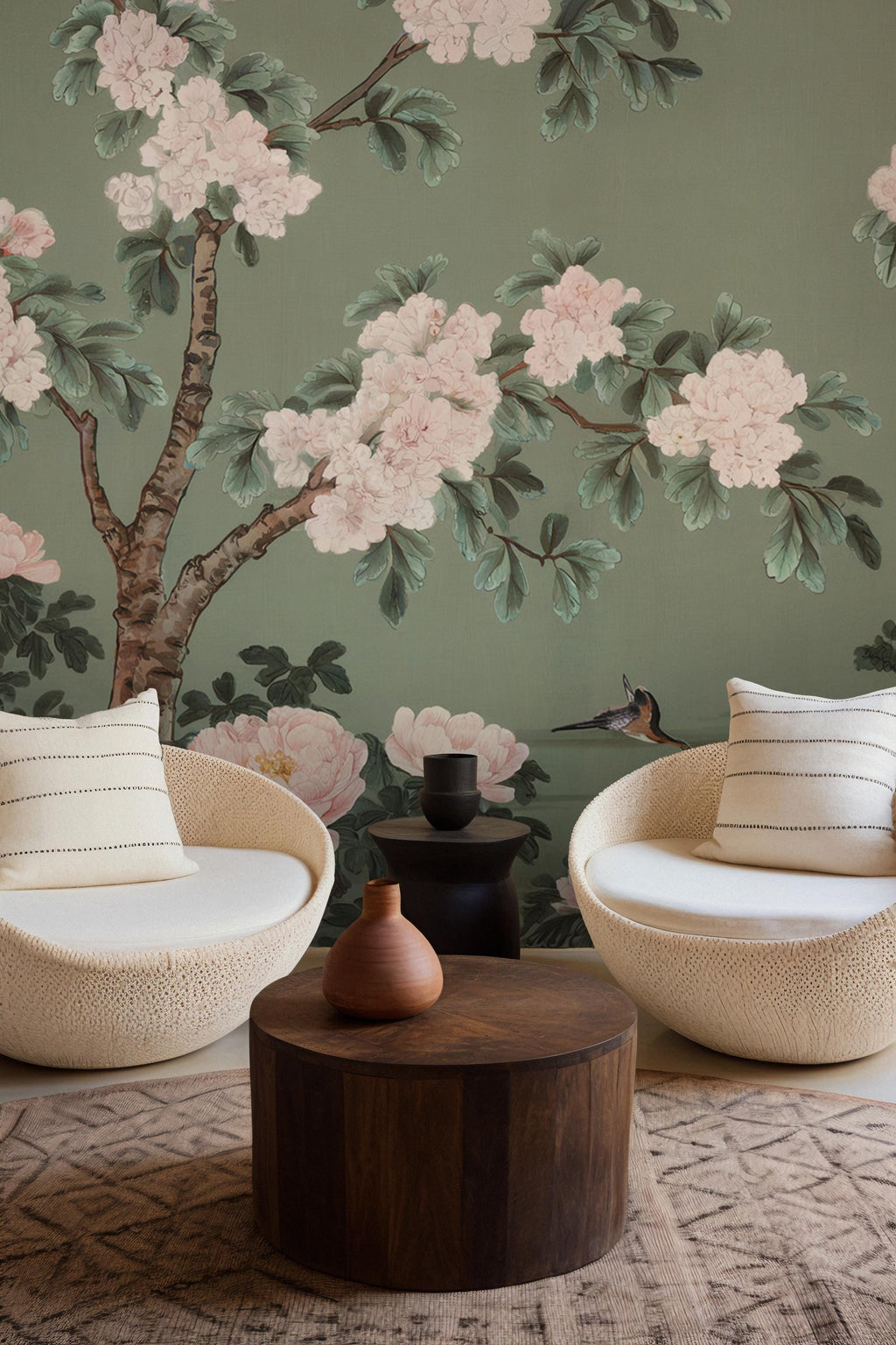 Chinoiserie Heron Wallpaper: Green Mural with Blossoms (Peel and Stick) - View 4