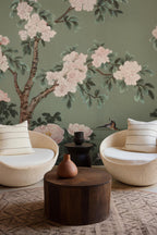 Chinoiserie Heron Wallpaper: Green Mural with Blossoms (Peel and Stick) - View 4