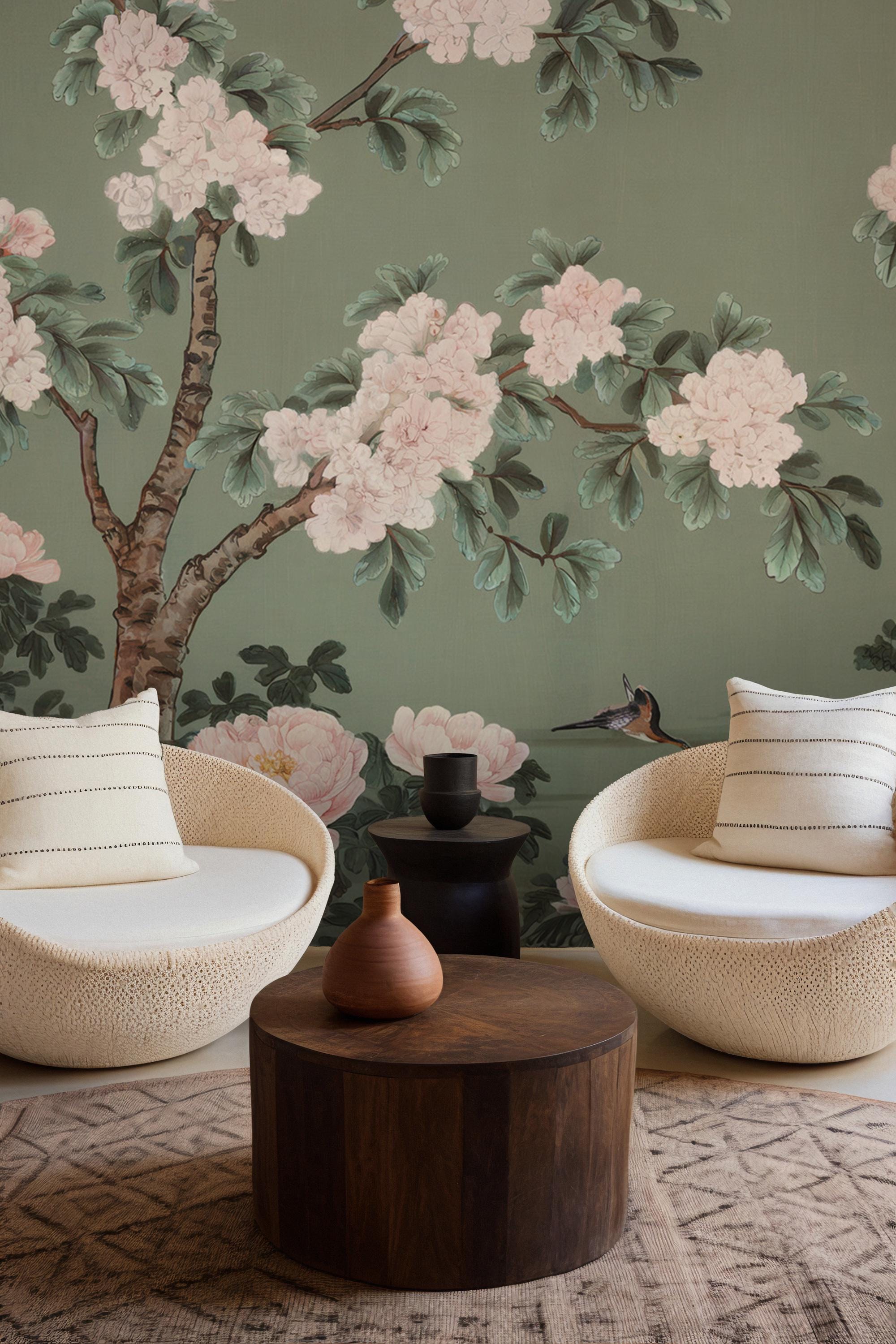 Chinoiserie Heron Wallpaper: Green Mural with Blossoms (Peel and Stick) - View 4
