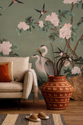 Chinoiserie Heron Wallpaper: Green Mural with Blossoms (Peel and Stick)