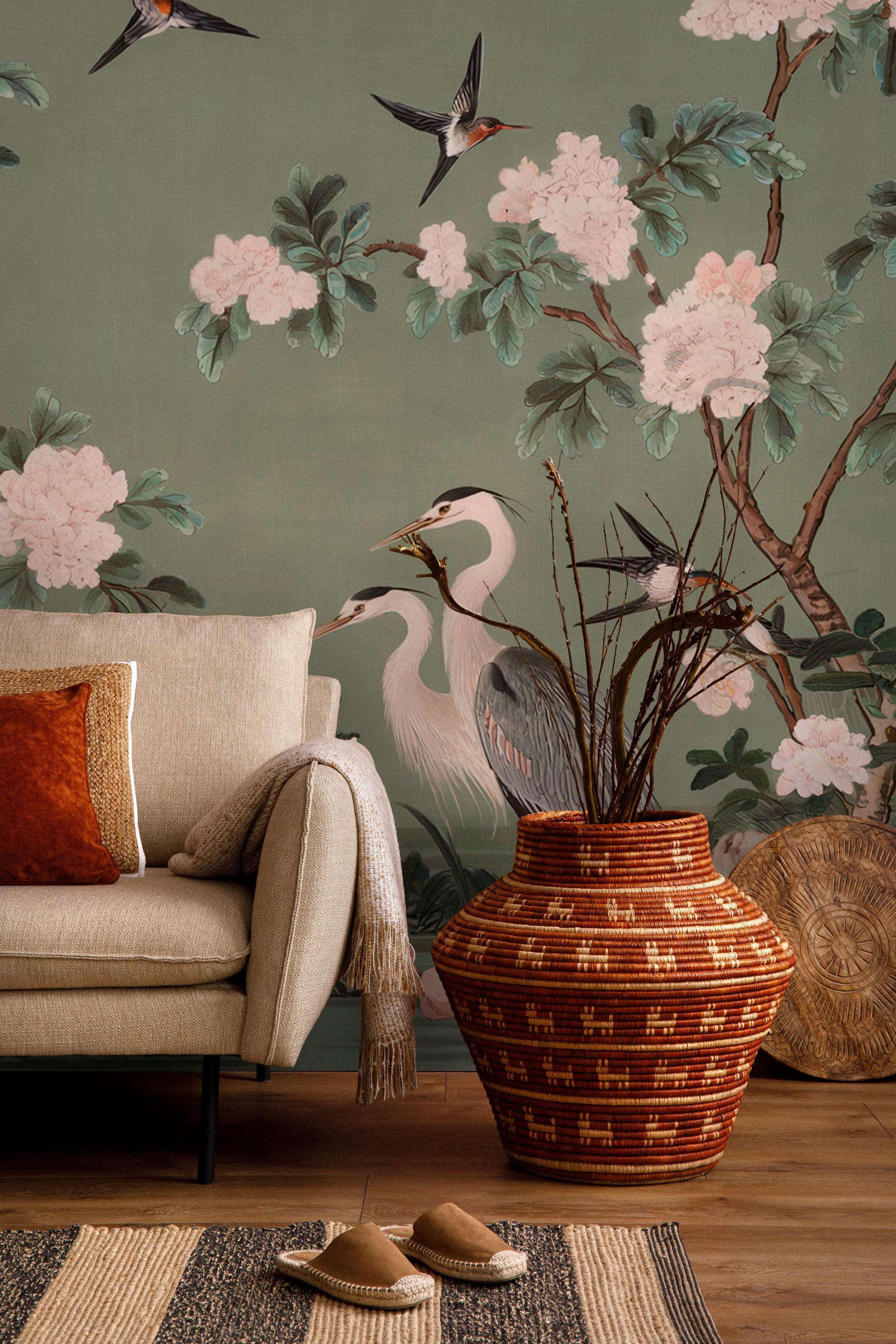 Chinoiserie Heron Wallpaper: Green Mural with Blossoms (Peel and Stick)