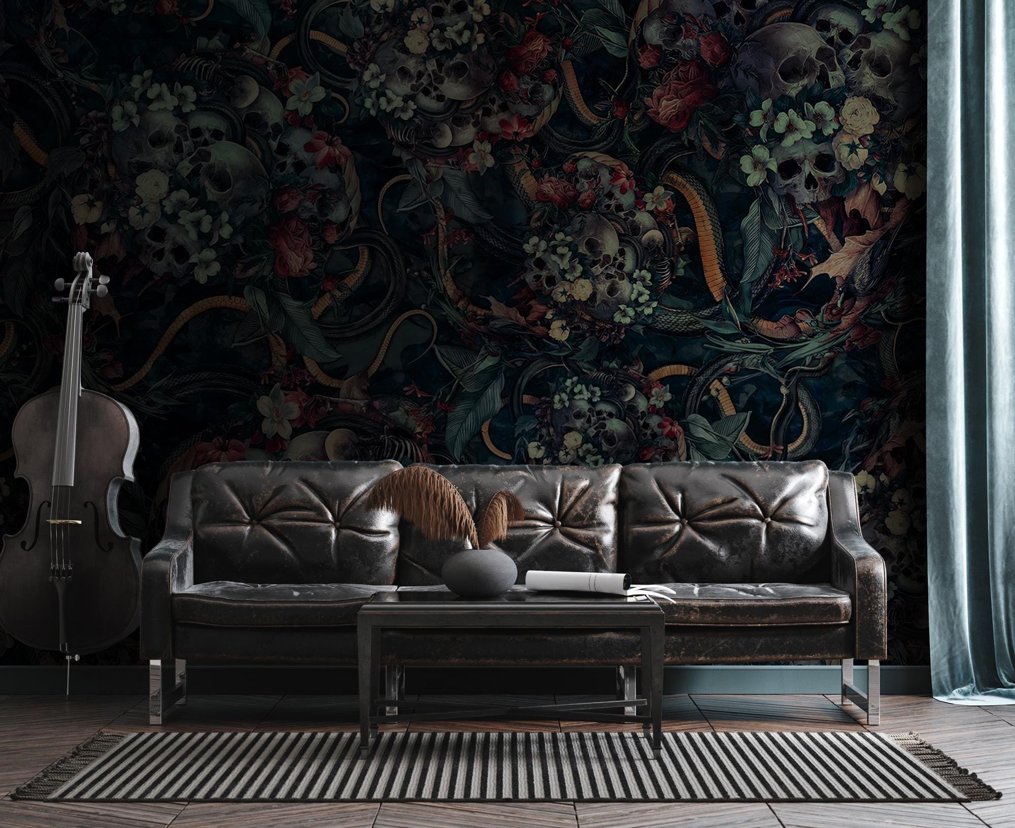 Dark Skull Floral Wallpaper: Dark Cottagecore Wall Mural - View 2