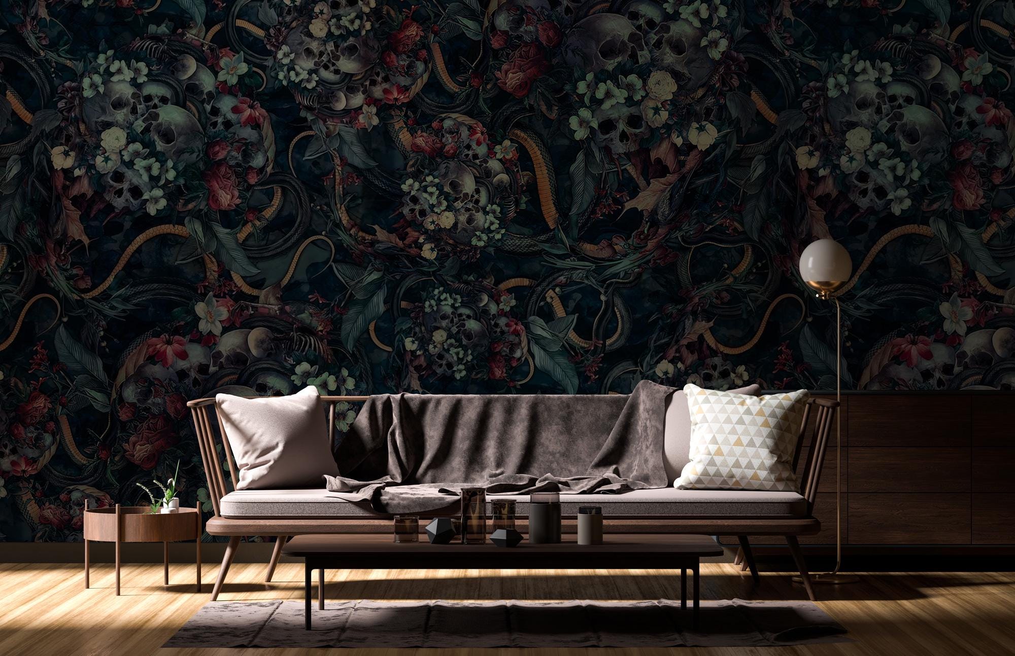 Dark Skull Floral Wallpaper: Dark Cottagecore Wall Mural - View 3