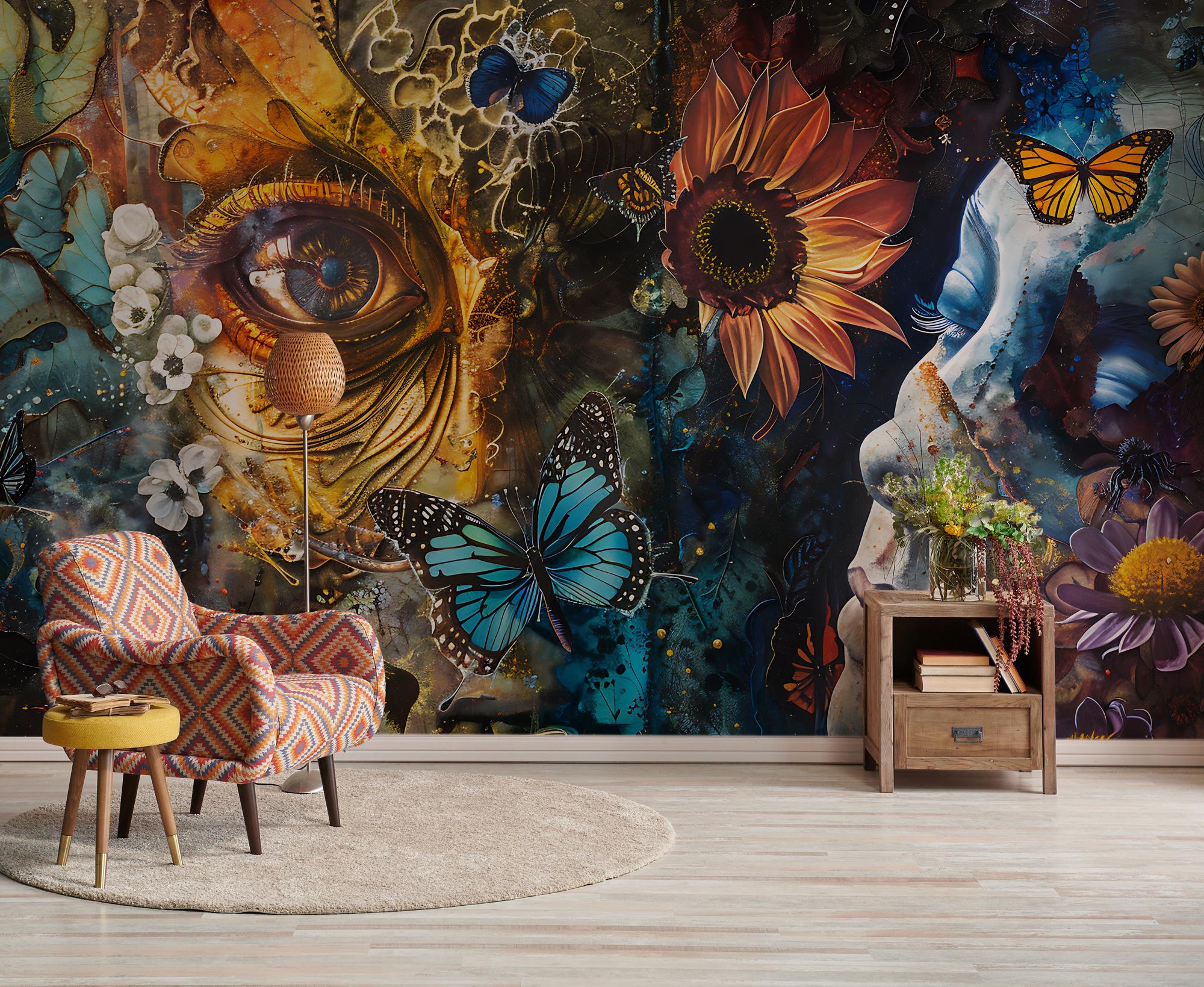 Surreal Butterfly Floral Peel and Stick Wallpaper: Boho Face Art Mural