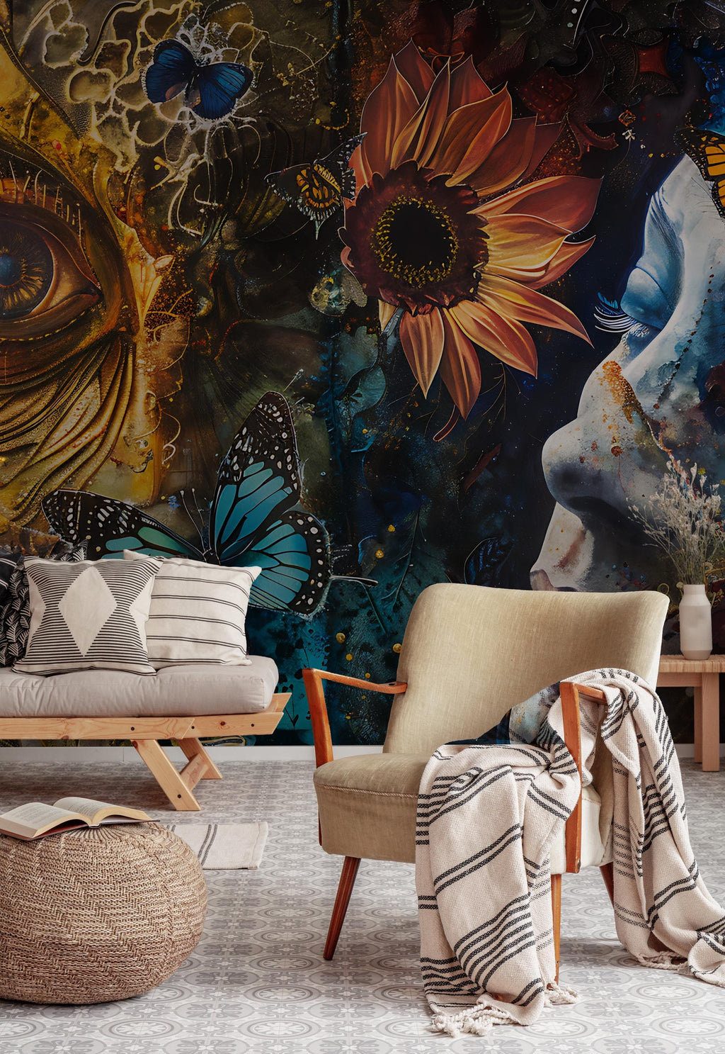 Surreal Butterfly Floral Peel and Stick Wallpaper: Boho Face Art Mural - View 4