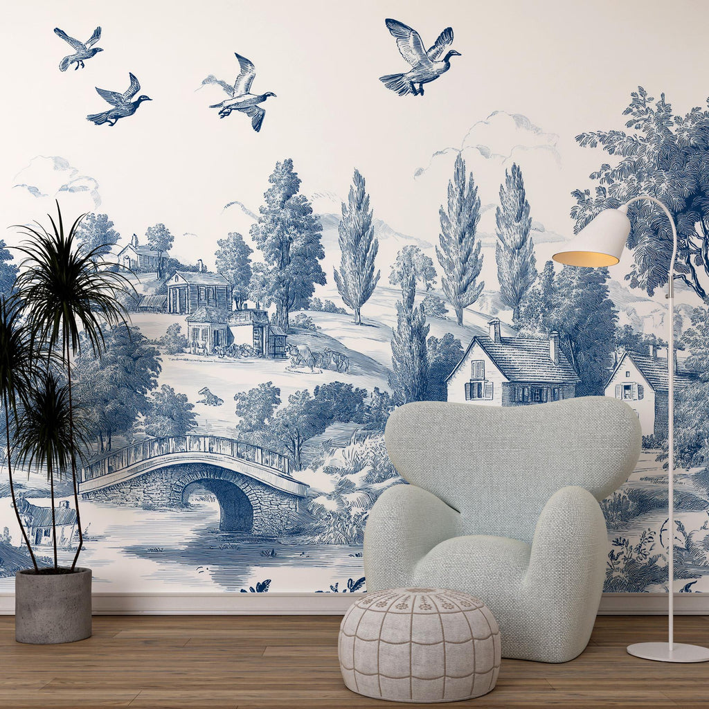 Blue Toile de Jouy Wallpaper: Vintage French Countryside Peel & Stick Mural - View 2