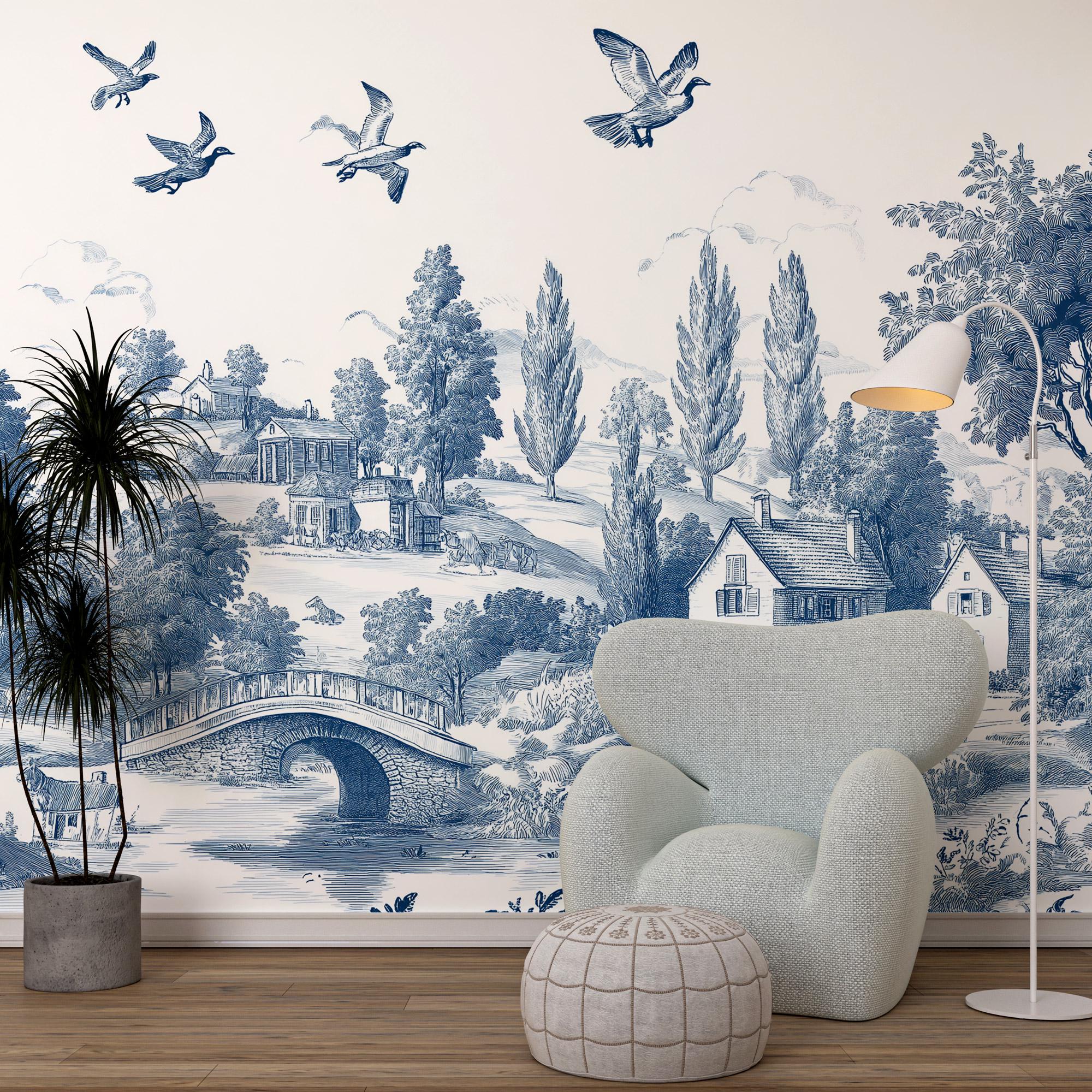 Blue Toile de Jouy Wallpaper: Vintage French Countryside Peel & Stick Mural - View 2