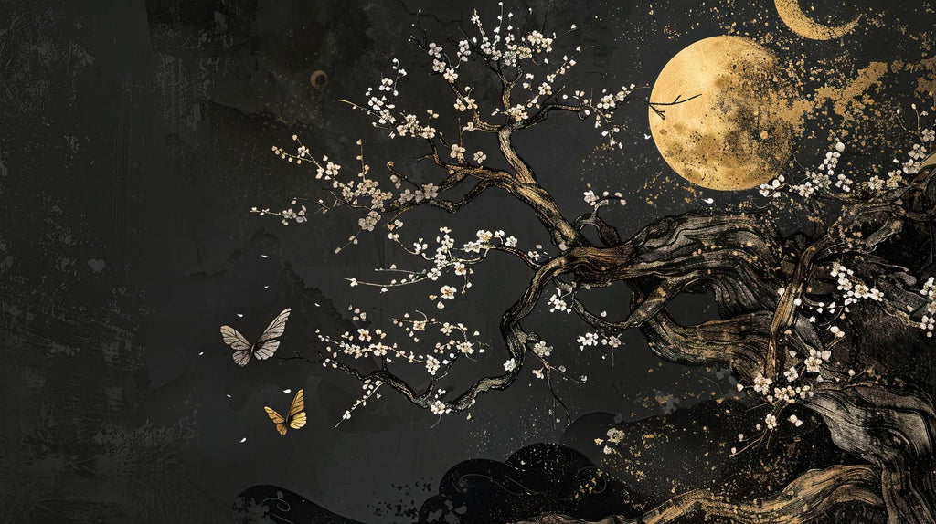 Japanese Plum Blossom Wallpaper Mural: Dark Floral Tree Art with Gold - View 6