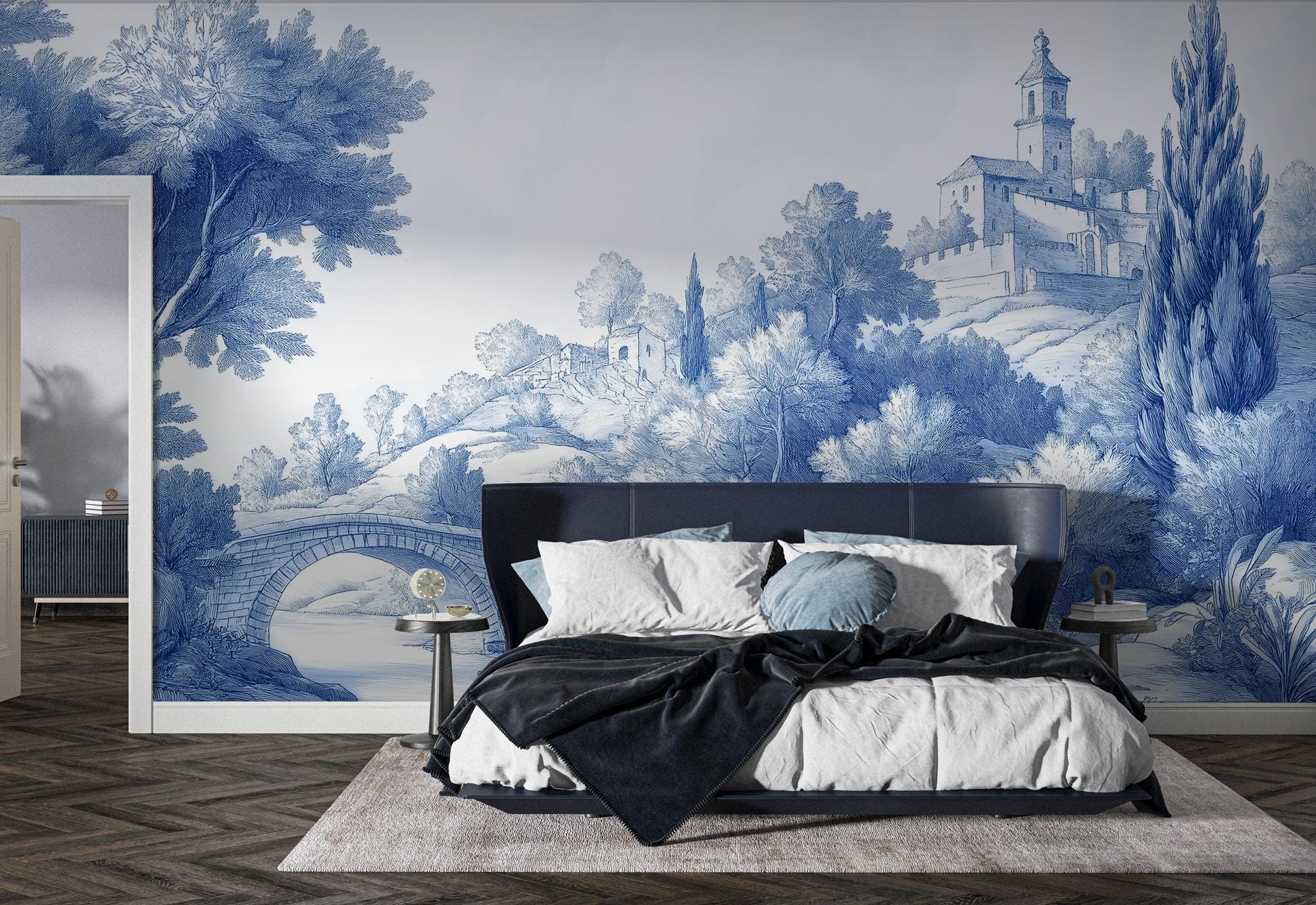 Blue Toile de Jouy Wallpaper, Scenic Wall MuralPeel and Stick Mural - View 4