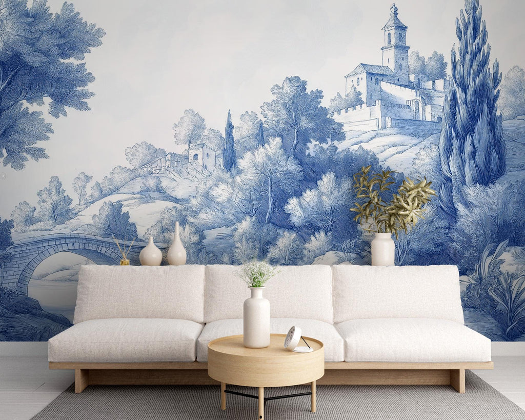 Blue Toile de Jouy Wallpaper, Scenic Wall MuralPeel and Stick Mural - View 5
