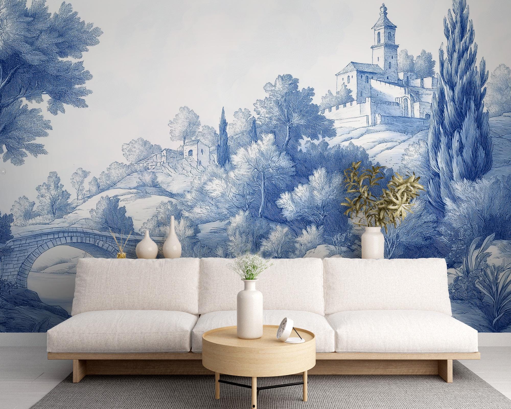 Blue Toile de Jouy Wallpaper, Scenic Wall MuralPeel and Stick Mural - View 5
