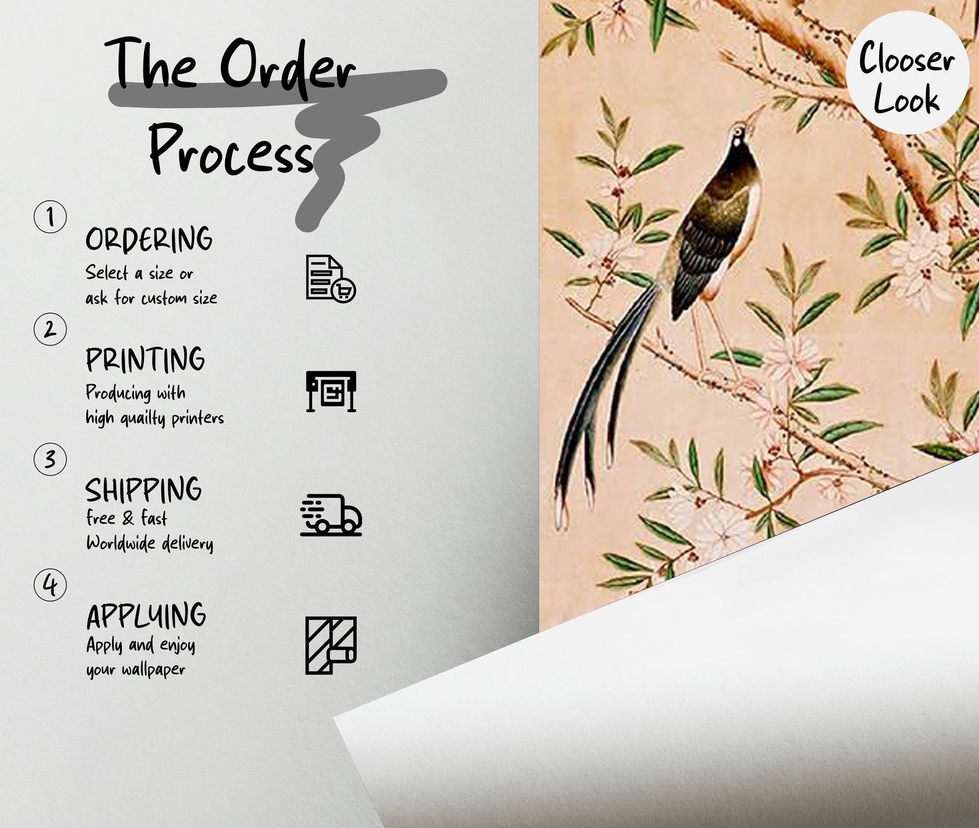 Chinoiserie Peel and Stick Wallpaper: Birds & Blossoms Mural - View 5