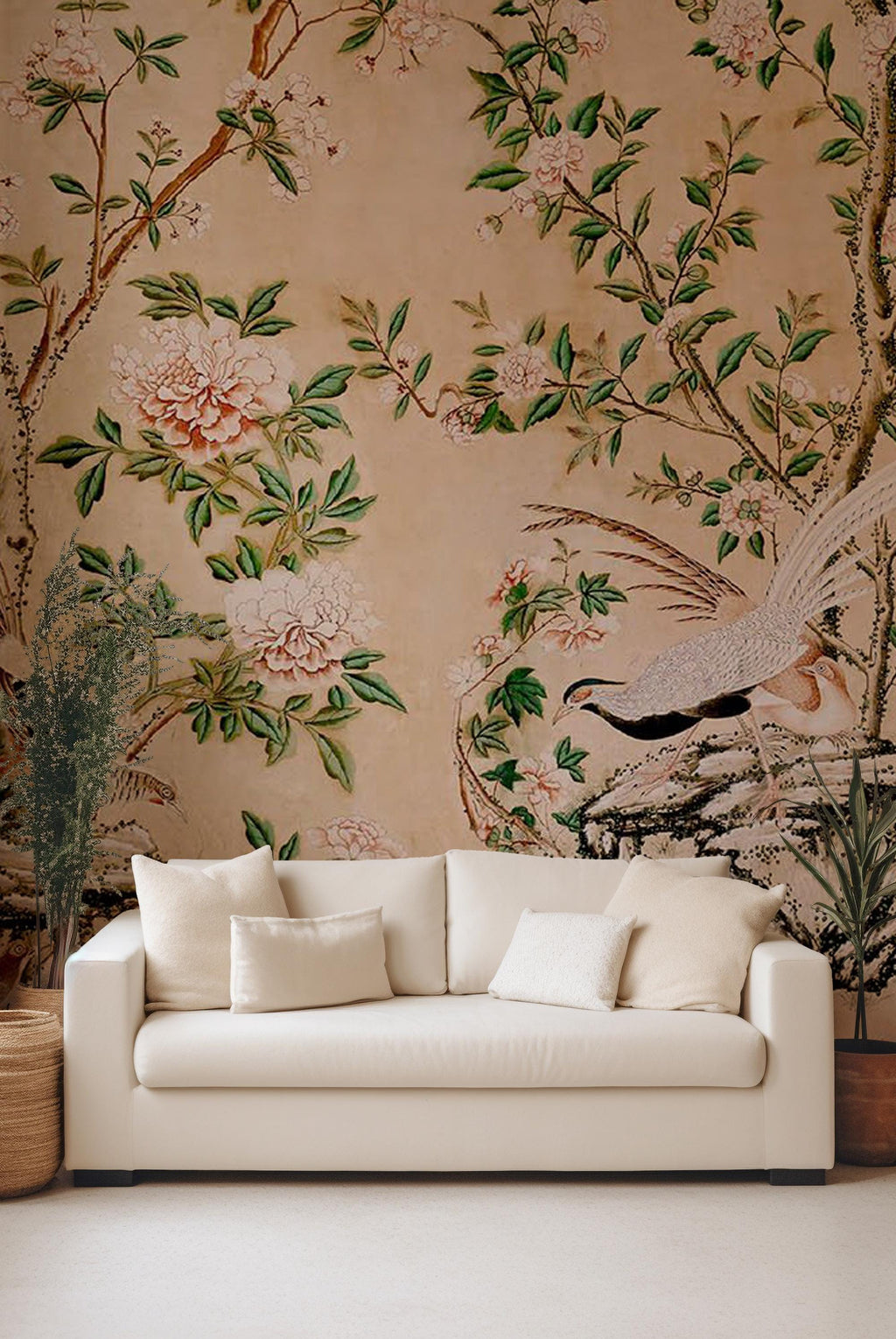Chinoiserie Peel and Stick Wallpaper: Birds & Blossoms Mural - View 4