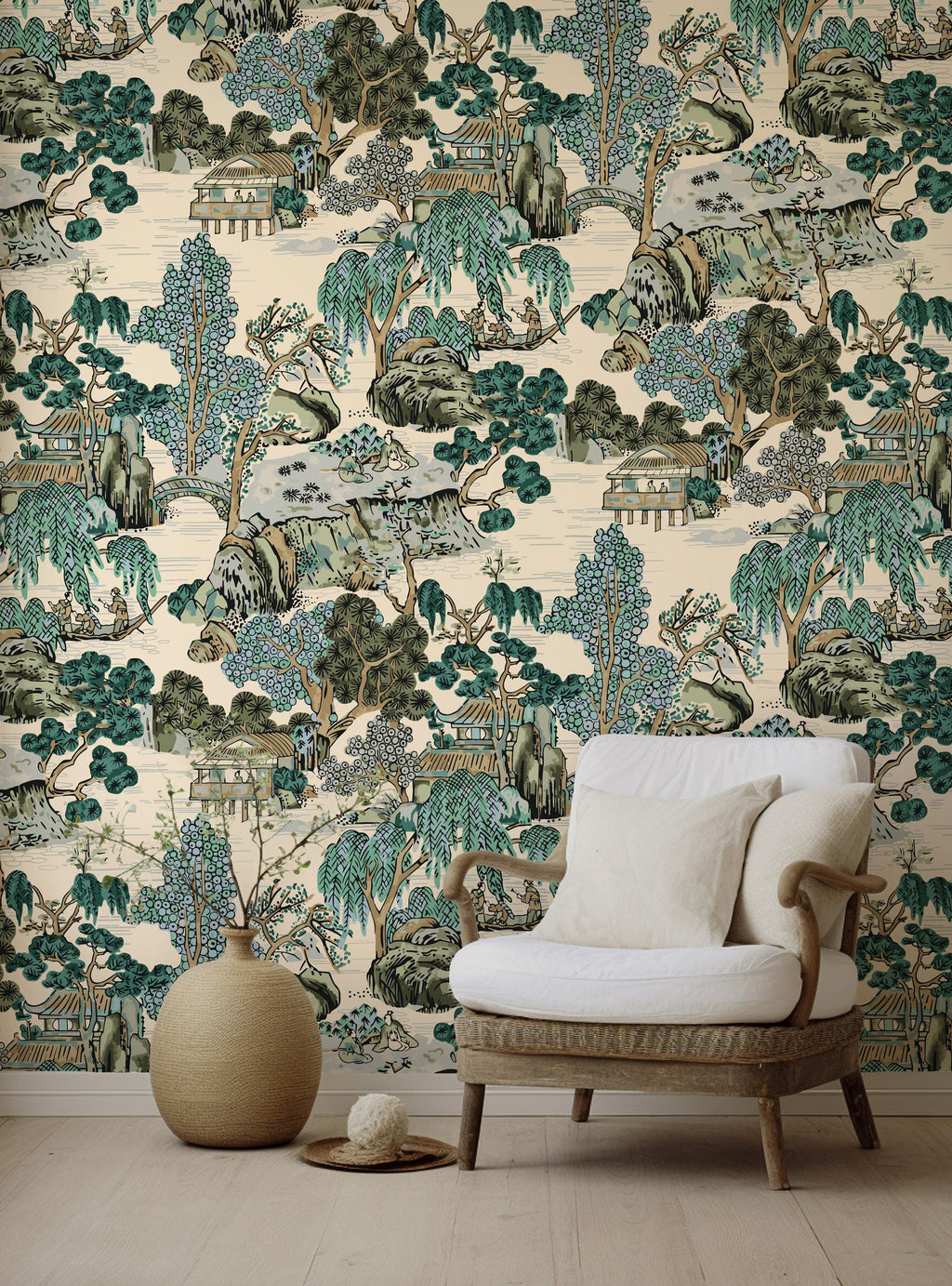Vintage Japanese Landscape Peel and Stick Wallpaper: Asian Pagoda Mural - View 4