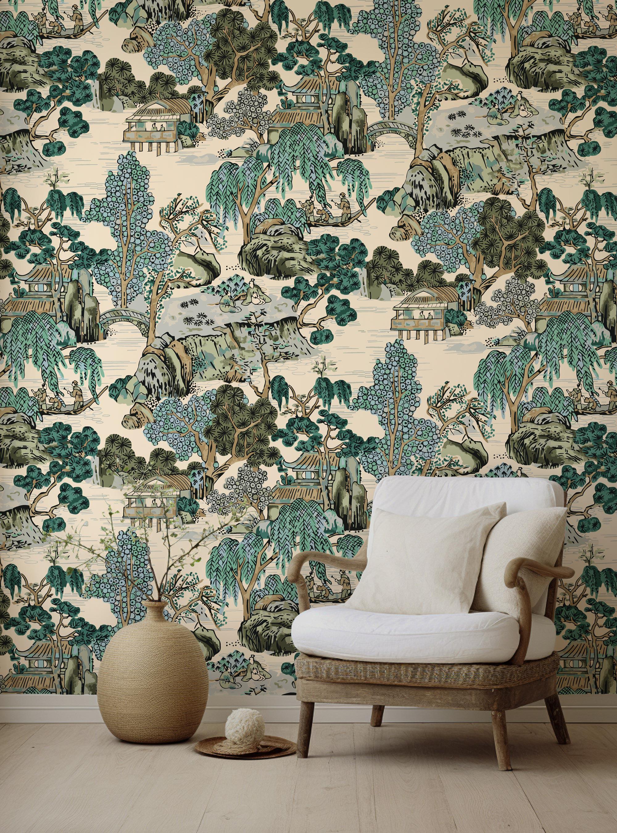 Vintage Japanese Landscape Peel and Stick Wallpaper: Asian Pagoda Mural - View 4