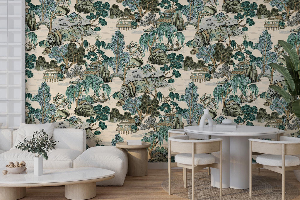 Vintage Japanese Landscape Peel and Stick Wallpaper: Asian Pagoda Mural - View 6