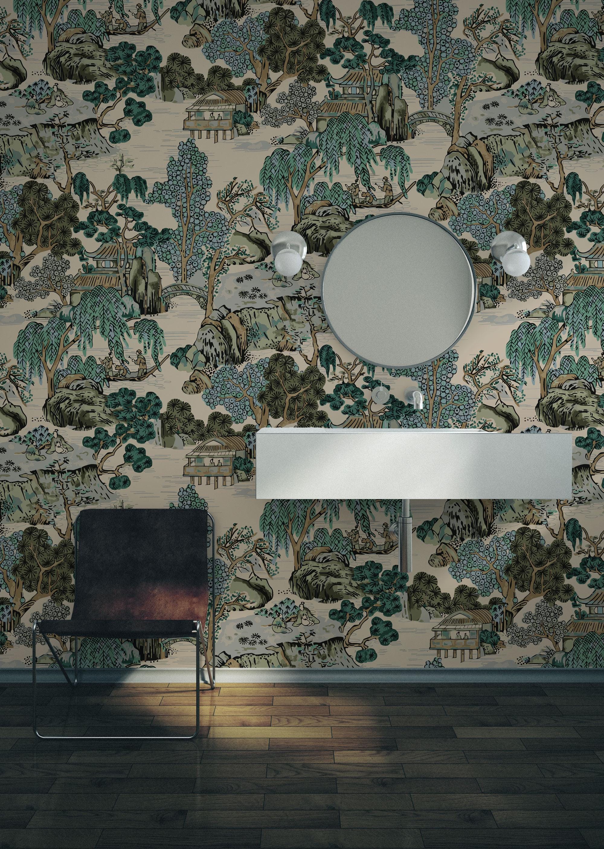 Vintage Japanese Landscape Peel and Stick Wallpaper: Asian Pagoda Mural