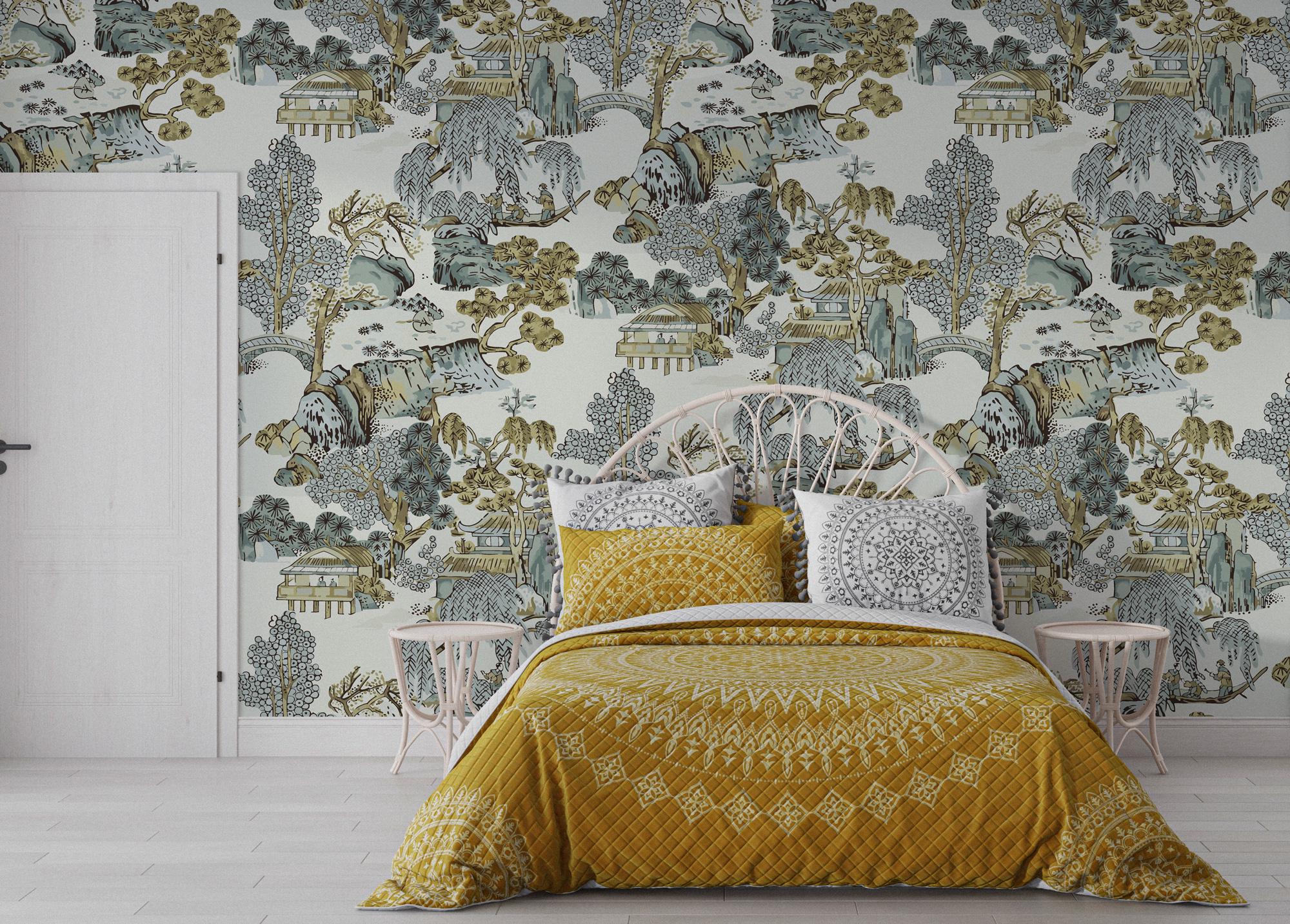 Chinoiserie Landscape Wallpaper: Asian Scenic Peel and Stick Wall Mural - View 3