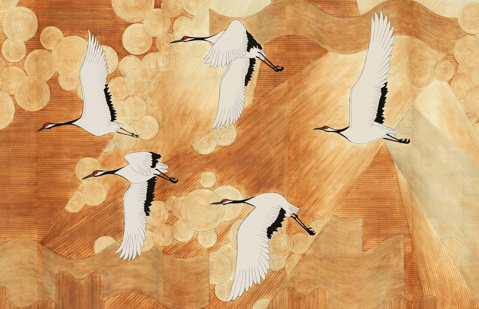 Japanese Crane Wallpaper Mural: Elegant Gold Line Art, Asian Decor - View 5