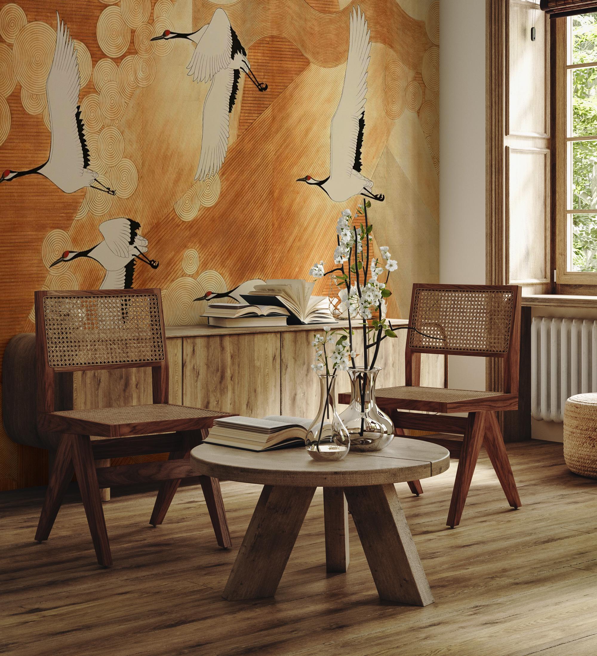Japanese Crane Wallpaper Mural: Elegant Gold Line Art, Asian Decor - View 2