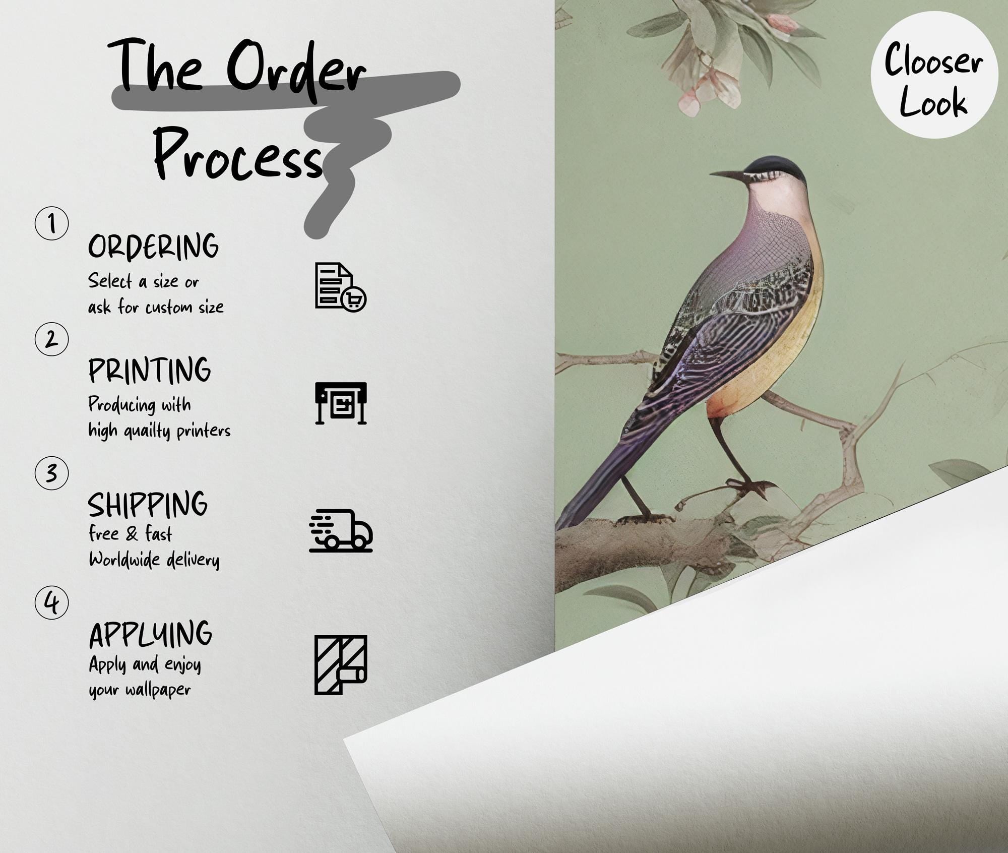 Vintage Chinoiserie Peel and Stick Wallpaper: Birds & Floral Mural - View 6