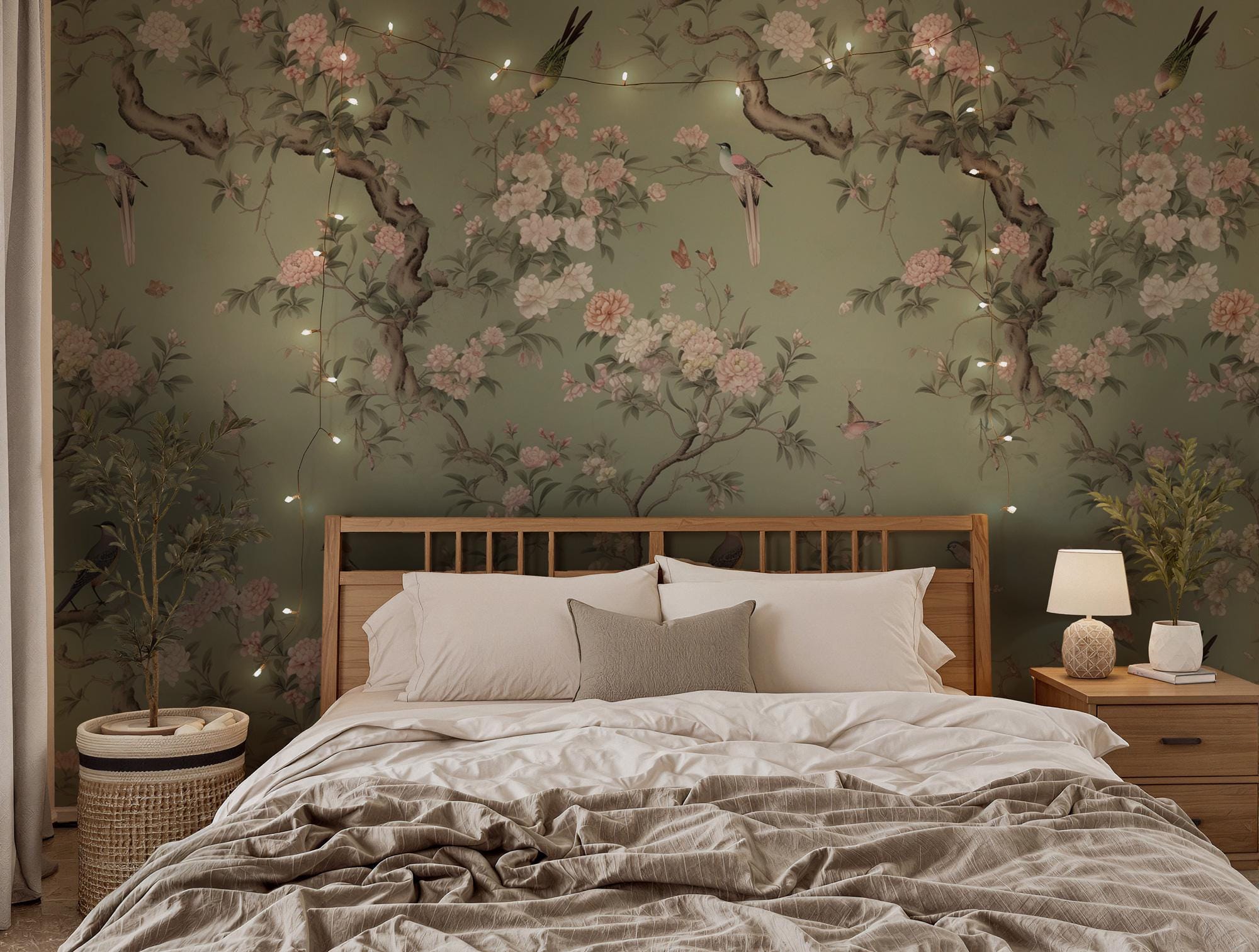 Vintage Chinoiserie Peel and Stick Wallpaper: Birds & Floral Mural - View 3