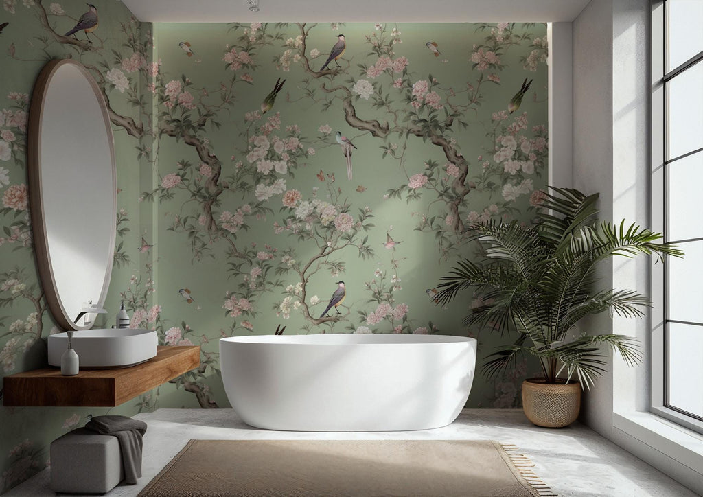 Vintage Chinoiserie Peel and Stick Wallpaper: Birds & Floral Mural