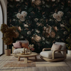 Vintage Peony Wallpaper Mural: Dark Green Botanical Peel & Stick - View 5