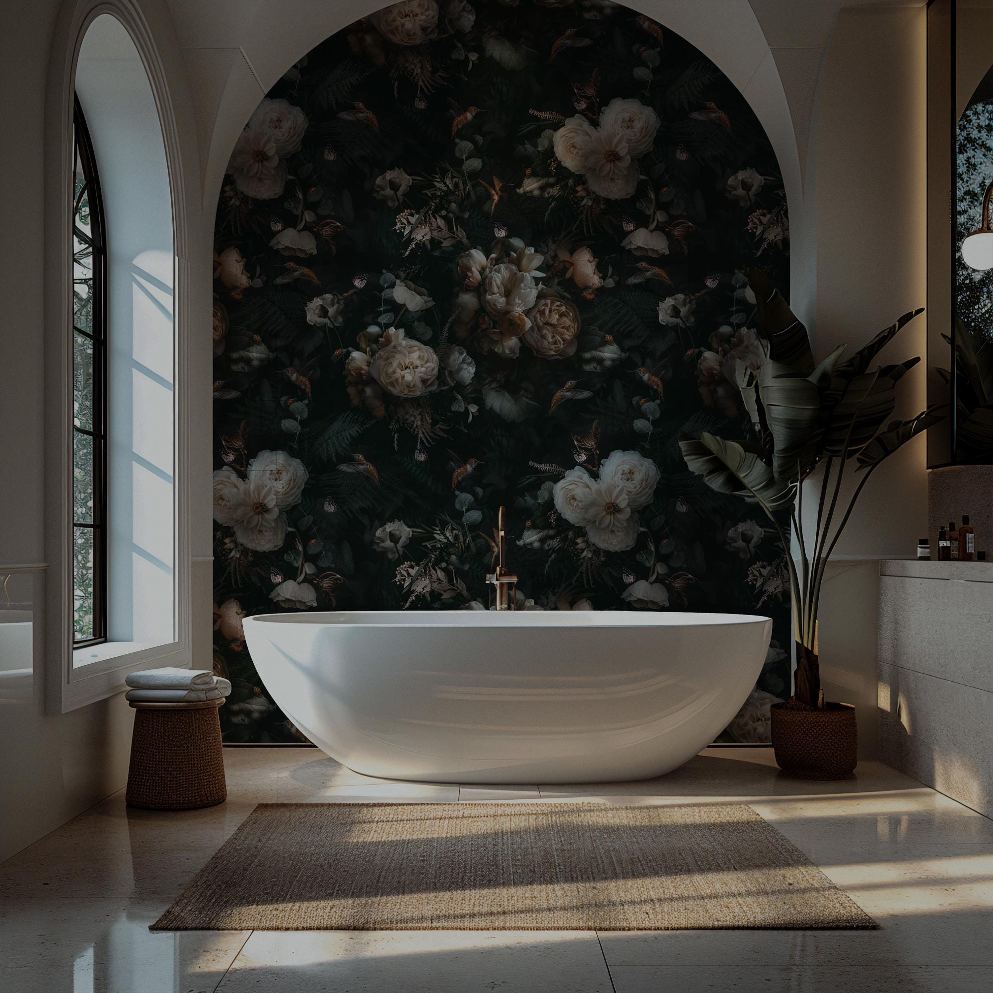 Vintage Peony Wallpaper Mural: Dark Green Botanical Peel & Stick - View 3