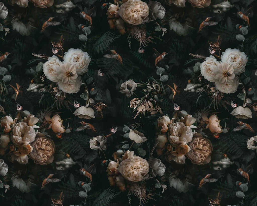 Vintage Peony Wallpaper Mural: Dark Green Botanical Peel & Stick - View 6