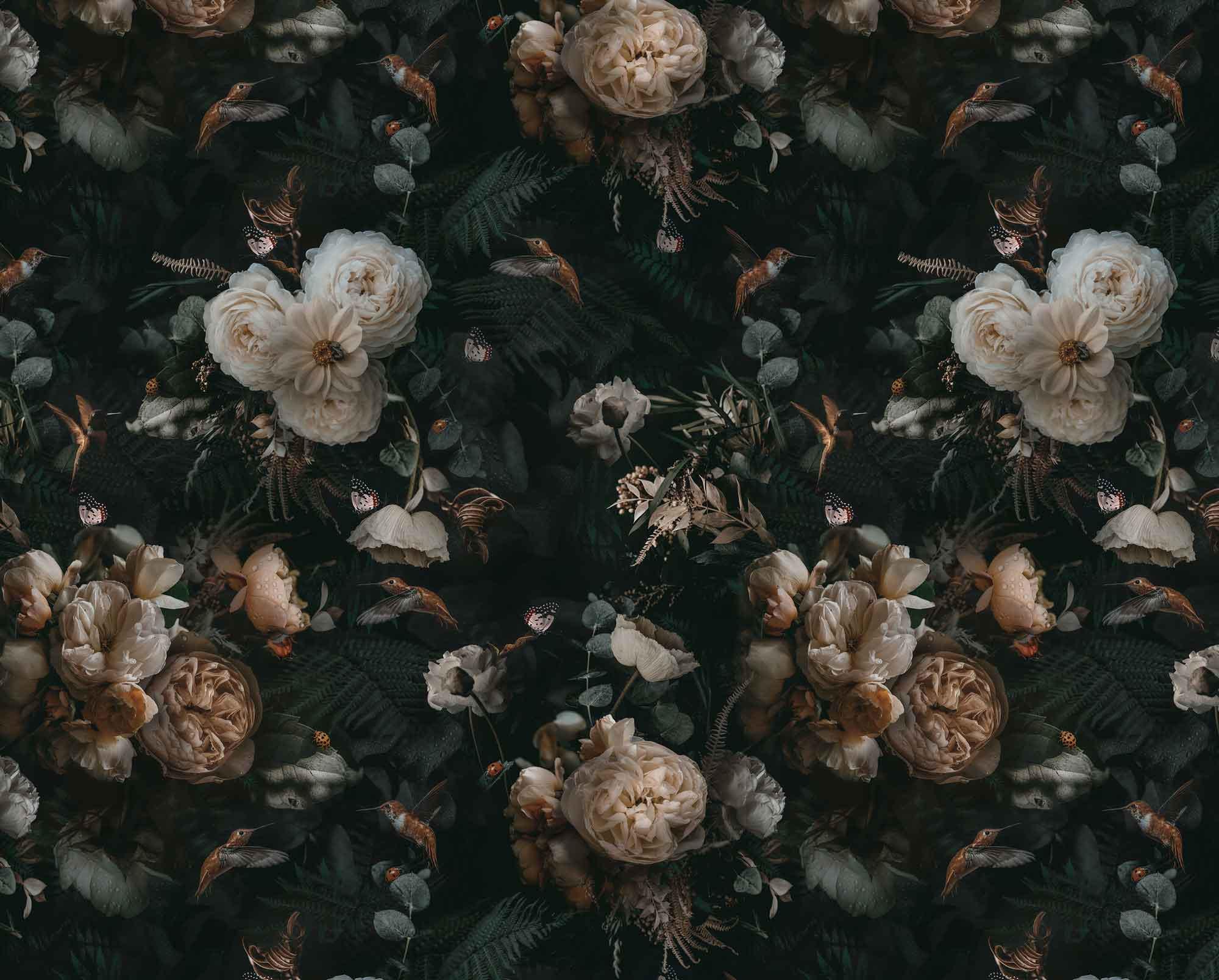 Vintage Peony Wallpaper Mural: Dark Green Botanical Peel & Stick - View 6