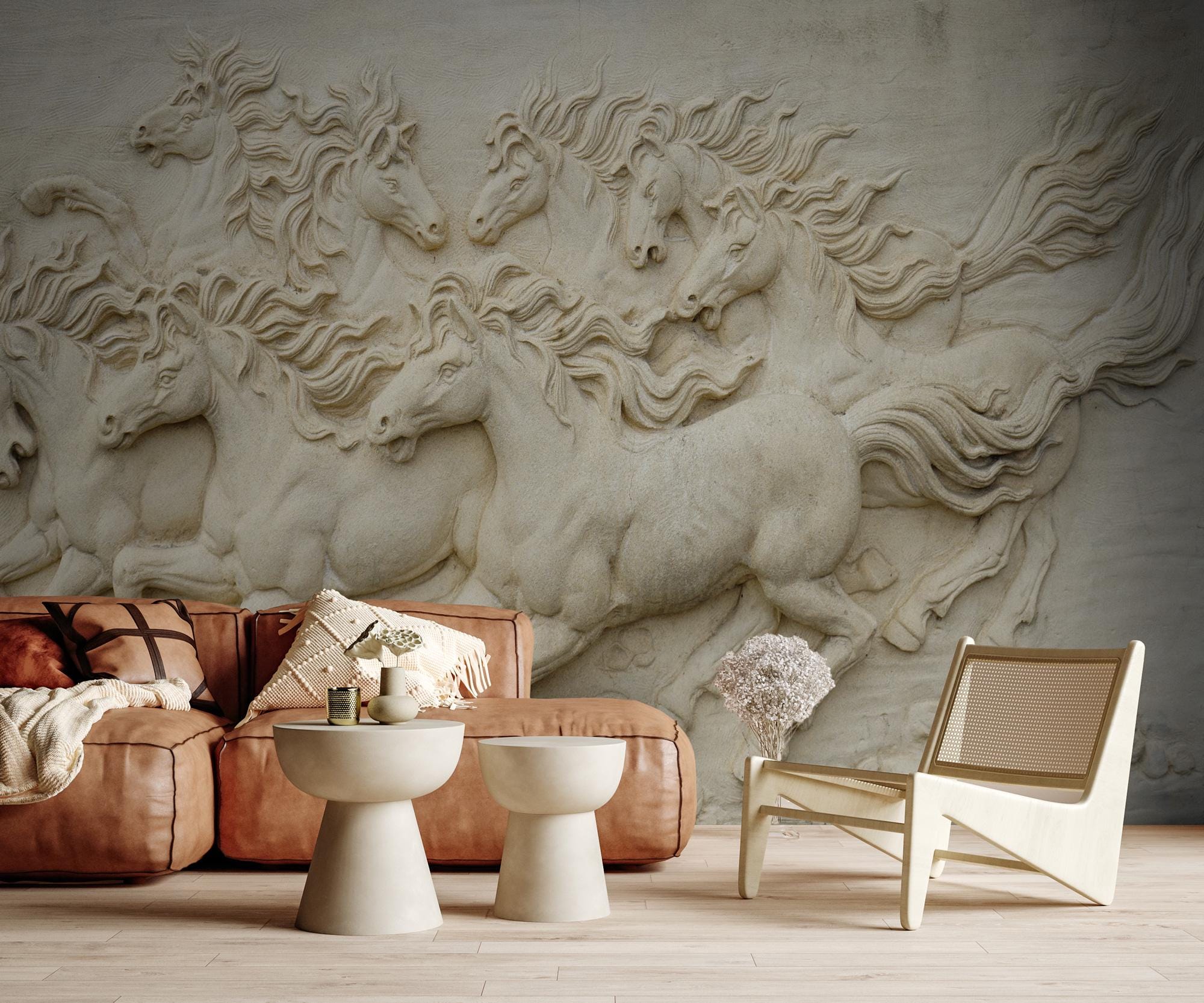 Vintage Horse Bas Relief Wallpaper: Equestrian Wall Decor, Rustic Home Decor - View 4