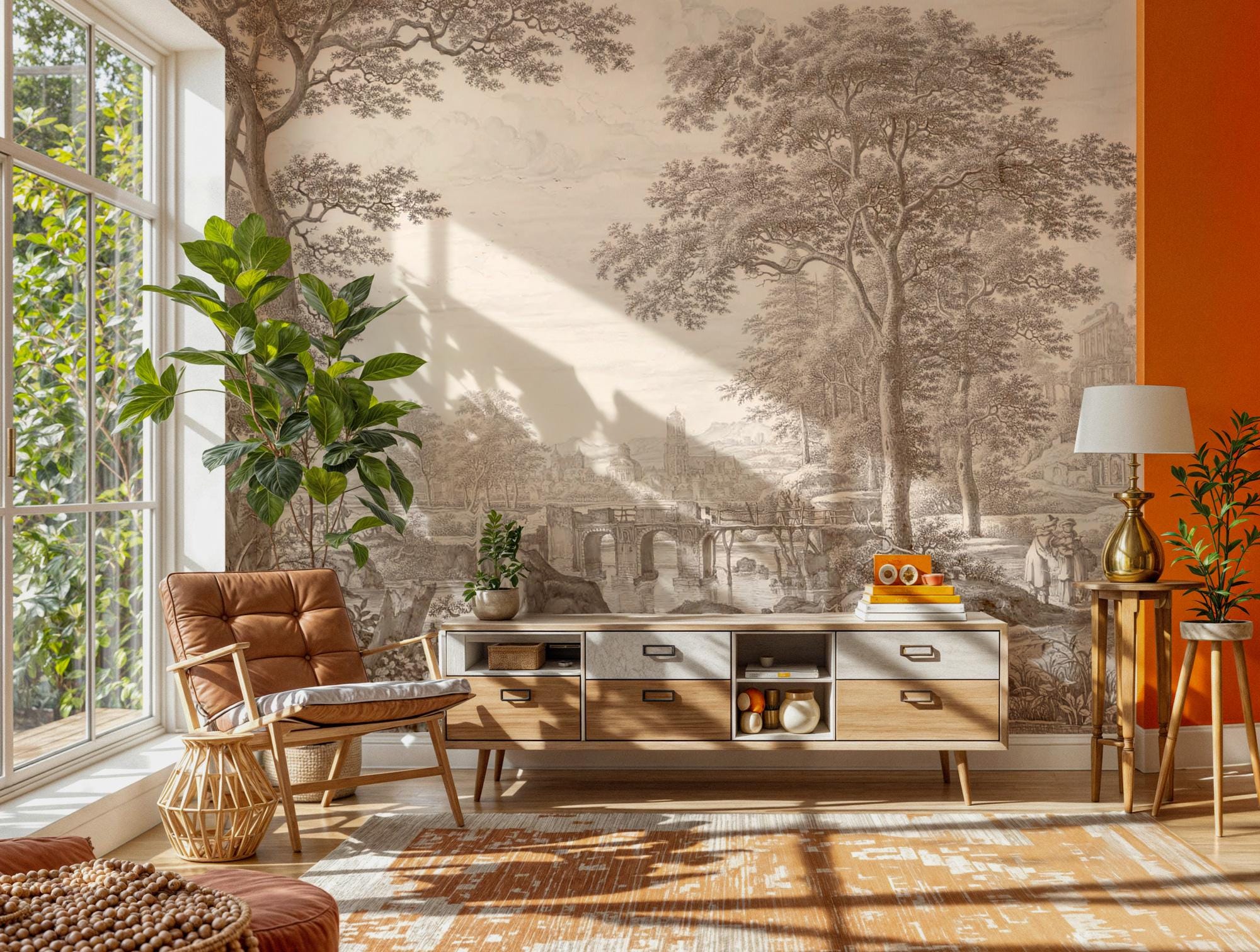 Vintage Countryside Landscape Wallpaper, Classical Bridge & Trees Peel and Stick Mural - View 3