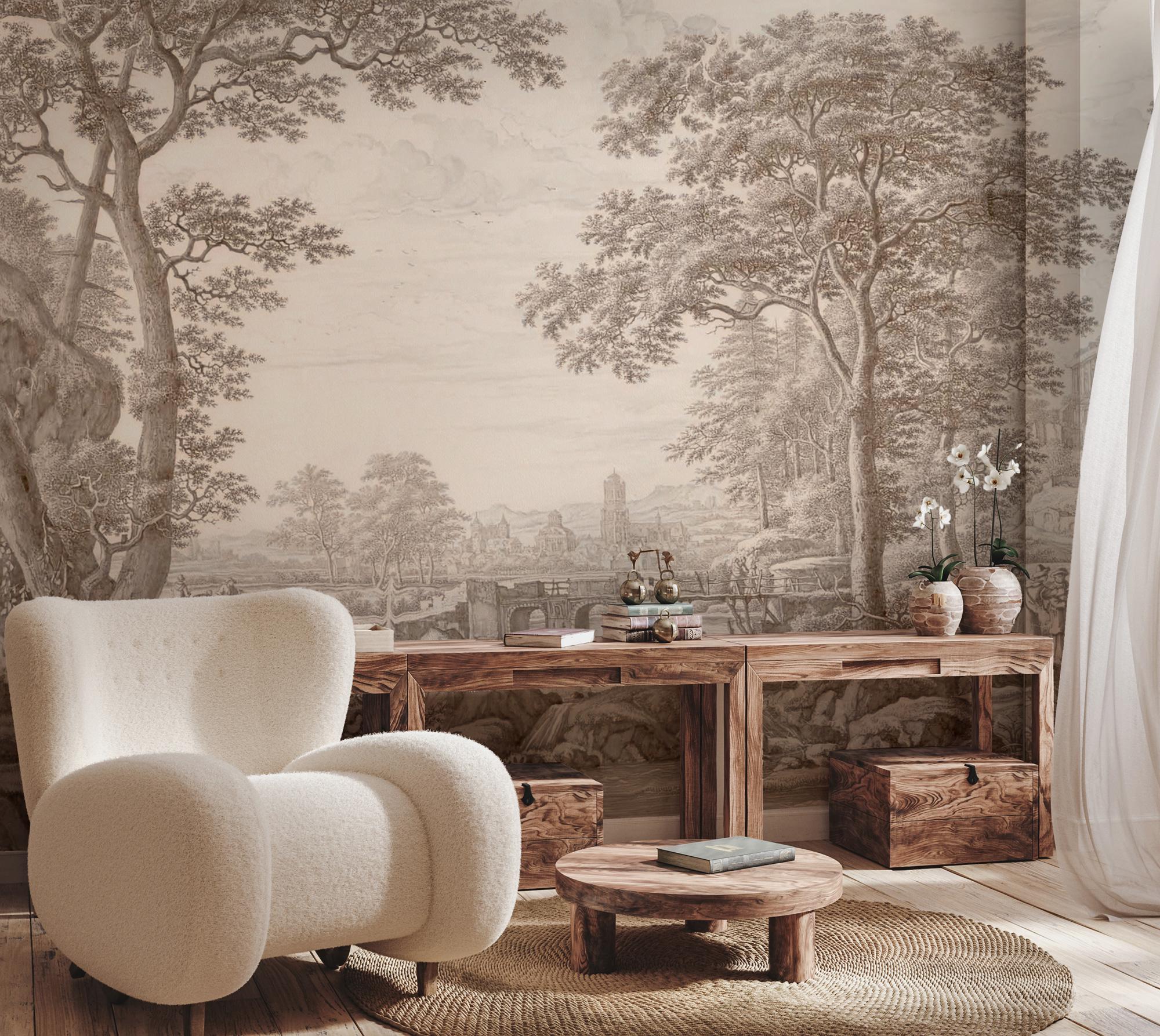 Vintage Countryside Landscape Wallpaper, Classical Bridge & Trees Peel and Stick Mural - View 2