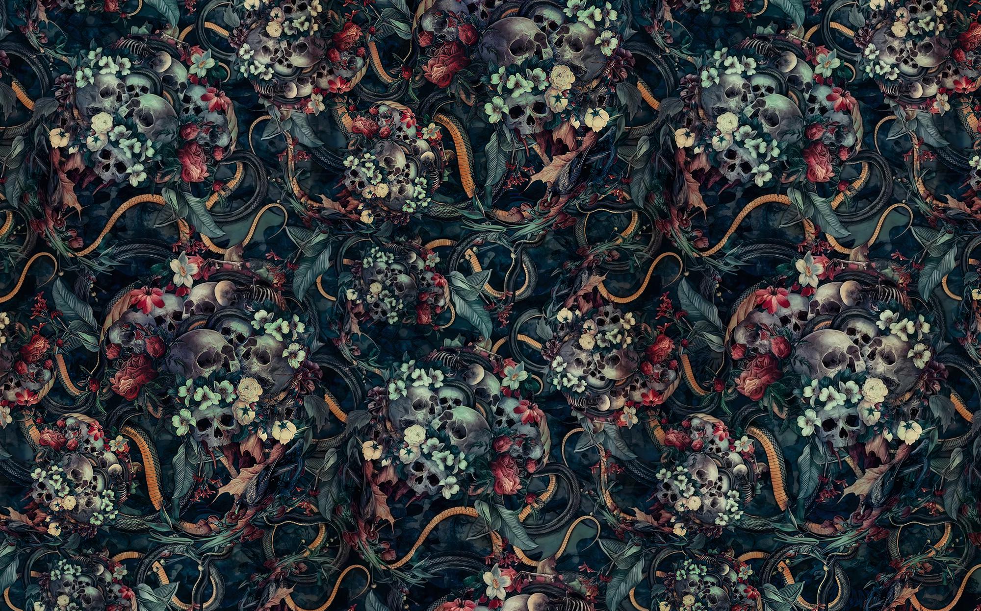 Dark Skull Floral Wallpaper: Dark Cottagecore Wall Mural - View 4