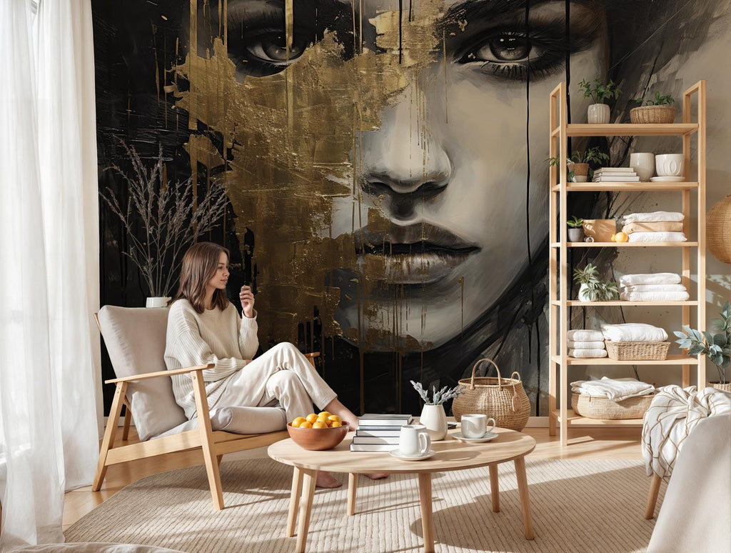 Gold Abstract Face Wallpaper Mural, Modern Art, Custom Size