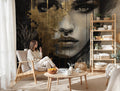Gold Abstract Face Wallpaper Mural, Modern Art, Custom Size