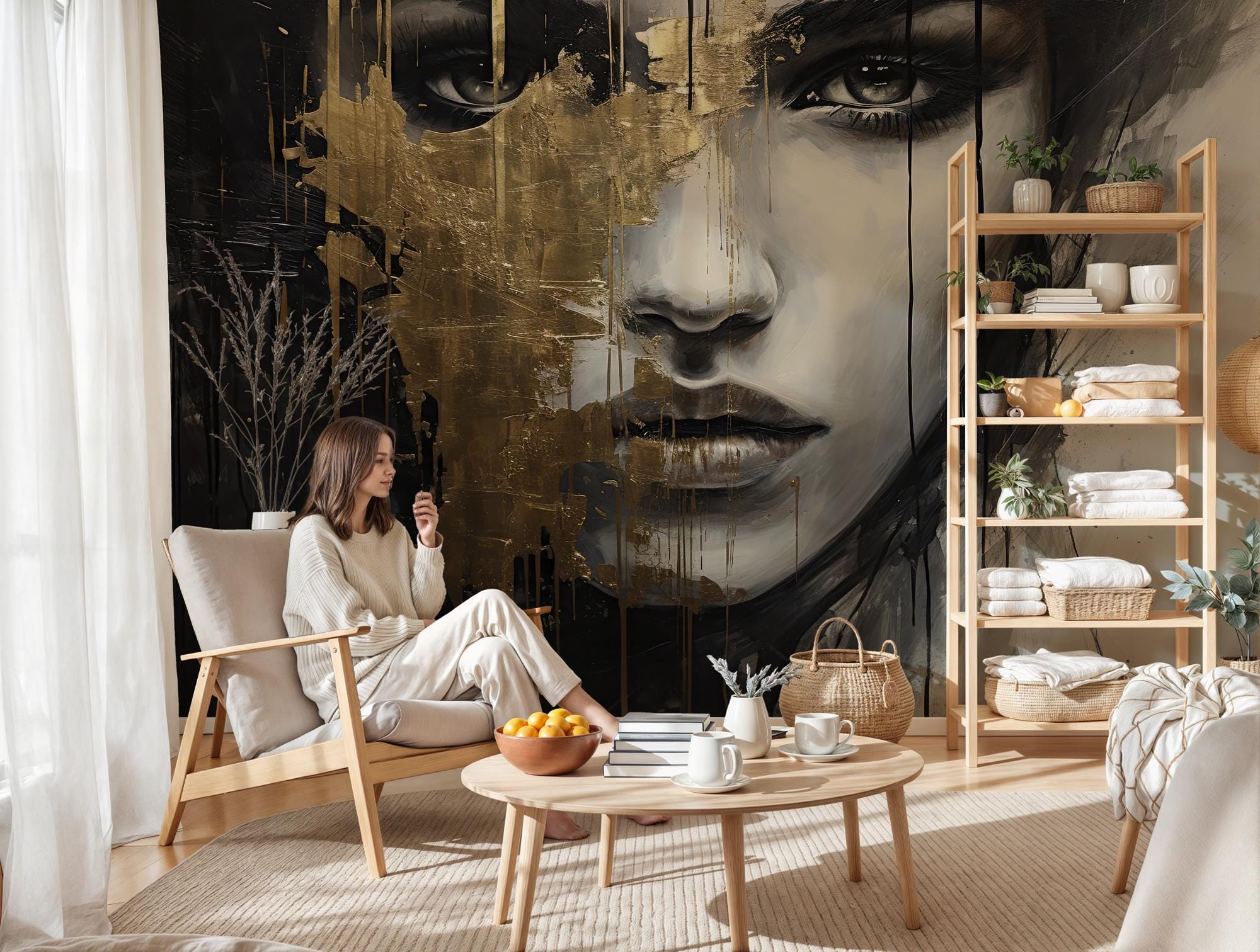 Gold Abstract Face Wallpaper Mural, Modern Art, Custom Size