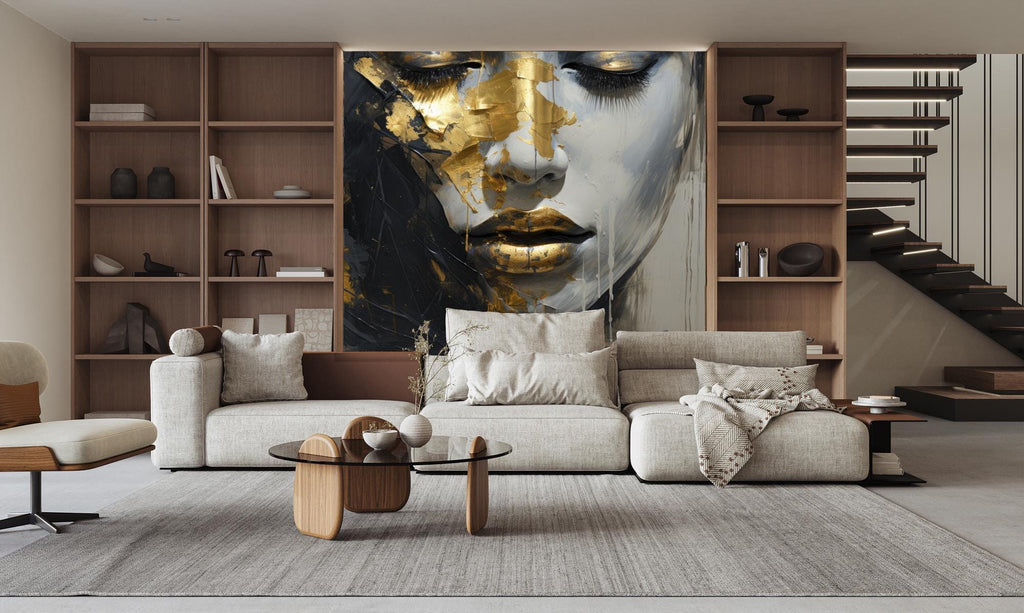 Gold Abstract Face Wallpaper Mural: Modern Portrait Wall Art - View 2
