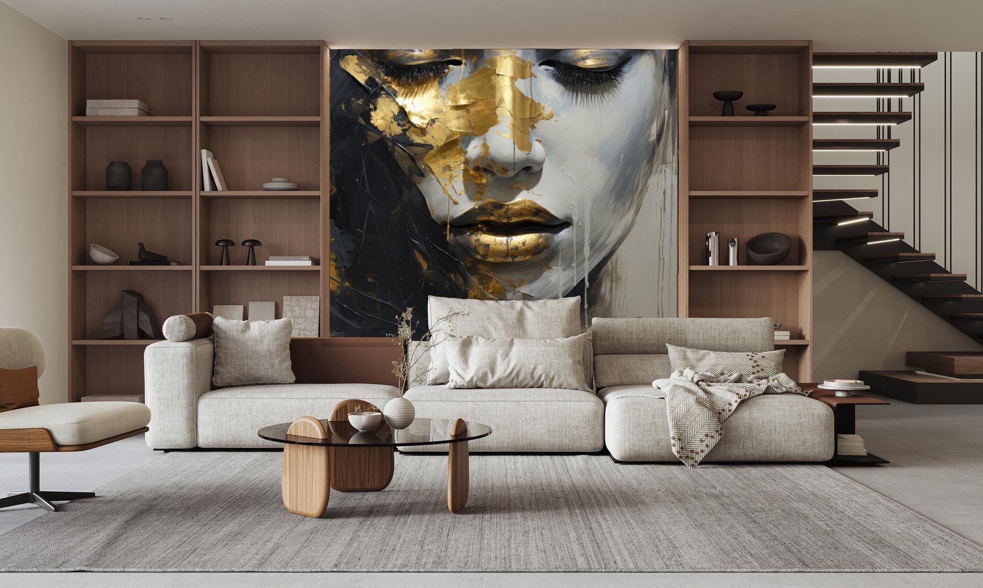Gold Abstract Face Wallpaper Mural: Modern Portrait Wall Art - View 2