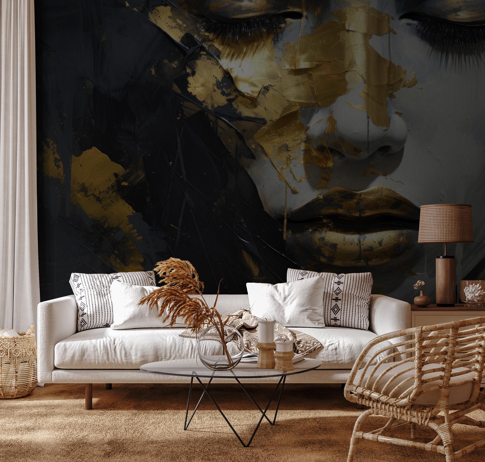 Gold Abstract Face Wallpaper Mural: Modern Portrait Wall Art - View 5