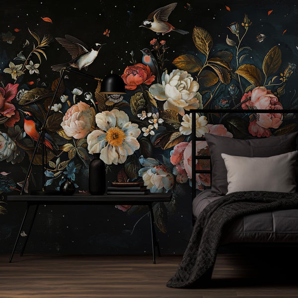 Dark Floral Peony Wallpaper Mural: Botanical Peel and Stick