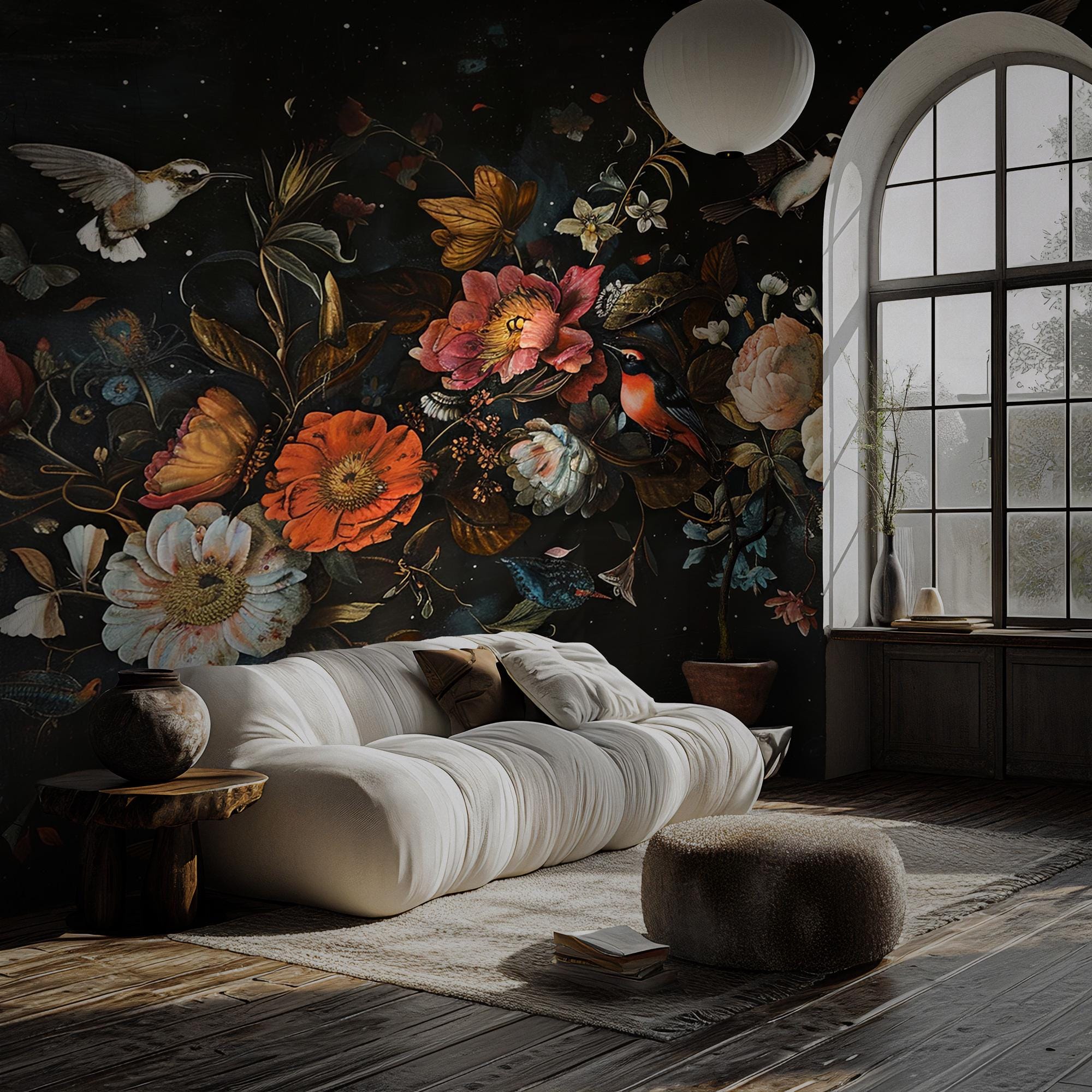 Dark Floral Peony Wallpaper Mural: Botanical Peel and Stick - View 2