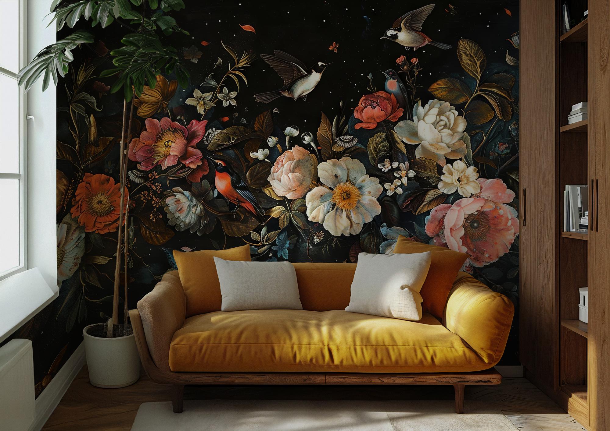 Dark Floral Peony Wallpaper Mural: Botanical Peel and Stick - View 3