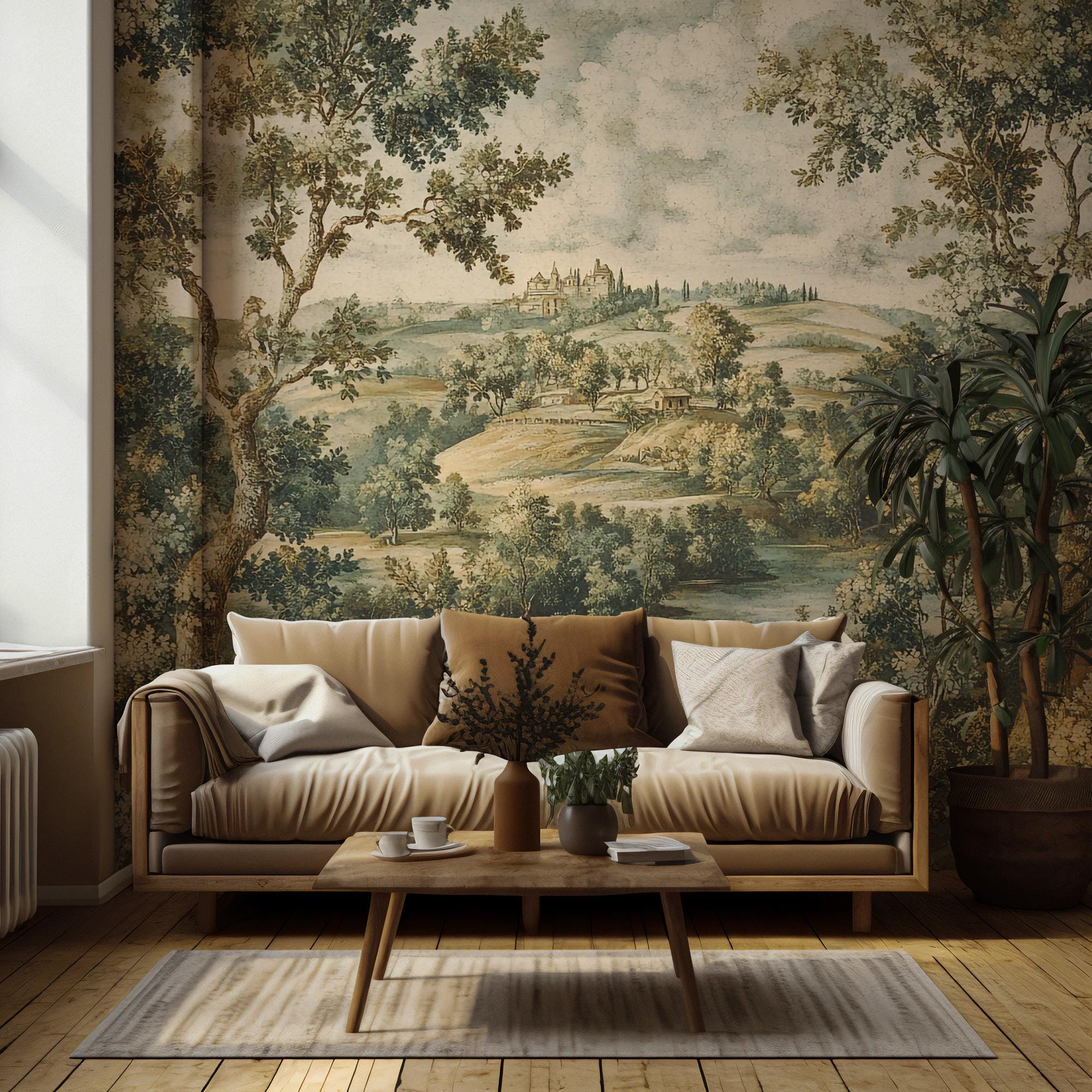Vintage Countryside Scene Peel & Stick Wallpaper Mural: Pastoral Landscape - View 3