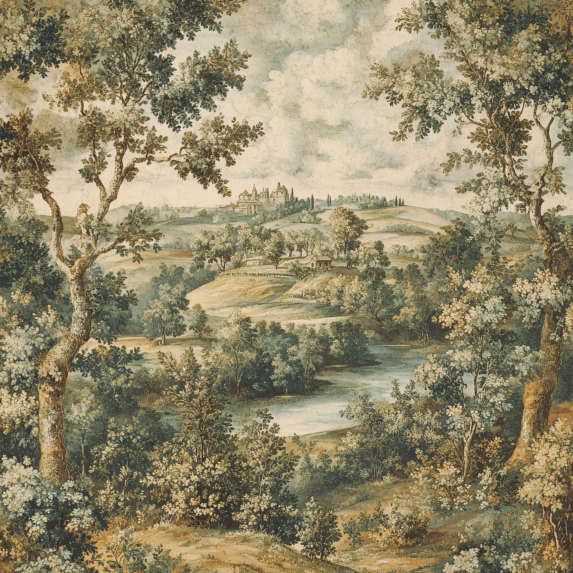 Vintage Countryside Scene Peel & Stick Wallpaper Mural: Pastoral Landscape - View 5